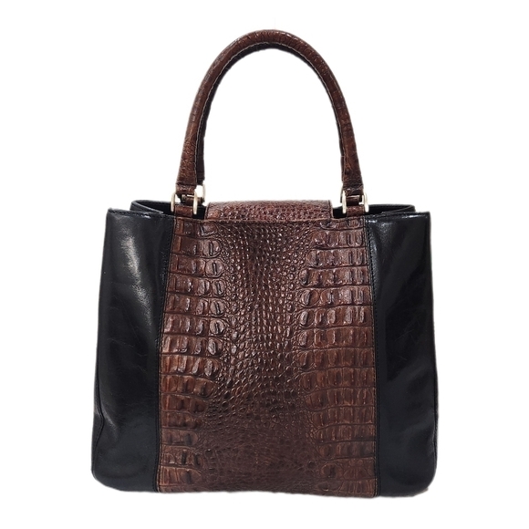 BRAHMIN Vintage Genuine Leather Croco Satchel Bag, Black/Brown, Women's OS - Picture 3 of 14